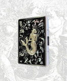 Antique SIlver Mermaid Cigarette Case Inlaid in Hand Painted Glossy Enamel Black Ink Swirl Nautical Victorian with Personalized Options