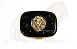 Lion Pill Box Inlaid in Hand Painted Glossy Black Enamel  Neo Victorian Leo Inspired Meds Case with Custom Colors and Personalized Options