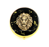 Neo Victorian Lion Pill Box Inlaid in Hand Painted Enamel with Gold Splash Leo Round Pill Case with Custom Colors and Personalized Options