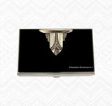 Art Deco Business Card Case Inlaid in Hand Painted Black Enamel Geometric Aztec Design Personalized and Custom Color Options Available
