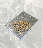 Octopus Cigarette Case Inlaid in Hand Painted Metallic Silver Swirl Enamel Nautical Design Kraken Personalized and Color Options