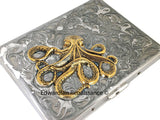 Antique Silver Octopus Metal Cigarette Case Inlaid in Hand Painted Ox Blood Opaque Enamel Nautical Style with Personalized and Color Option