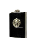 Antique Silver Lion Head Flask Inlaid in Hand Painted Metallic Black Enamel Neoclassic Leo 8oz Flask with Personalized and Color Option