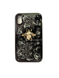 Antique Gold Bee Inlaid in Hand Painted Black Enamel with Silver Swirl Design Neo Victorian Metal Phone Case with Colors Available