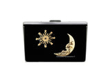 Celestial Credit Card Wallet with Accordion Organizer Inlaid in Hand Pianted Black Enamel RFID Blocker Moon Man and Comet