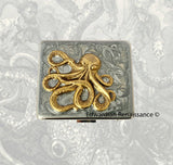 Antique Silver Octopus Pill Box with 8 Compartments Nautical Inspired Inlaid in Hand Painted White Enamel with Personalized and Color Option