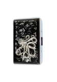 Octopus Cigarette Case Inlaid in Hand Painted Glossy Black Ink Swirl Enamel Vintage Style Kraken Design with Personalized and Color Options