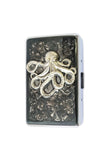 Octopus Metal Cigarette Case Inlaid in Hand Painted Enamel Gray Swirl Design Nautical Victorian Kraken Personalized Options Available