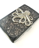 Octopus Metal Cigarette Case Inlaid in Hand Painted Enamel Gray Swirl Design Nautical Victorian Kraken Personalized Options Available