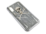 Skull and Crossbones Iphone or Galaxy Case Inlaid in Hand Painted Metallic Silver Enamel Metal Phone Case with Custom Color Options