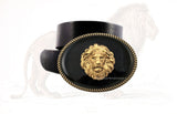 Lion Head Belt Buckle Inlaid in Hand Painted Glossy Black Enamel  Neo Victorian Zodiac Leo Inspired Burnished Gold Buckle with Color Options