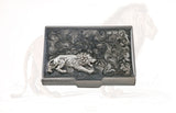 Prowling Lion Large Business Card Case Embellished on Gray Swirl Enamel Art Deco Leo Inspired with Personalized and Color Options