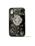 Antique Silver Lions Head Iphone Case Inlaid in Hand Painted Black with Silver Swirl Enamel Design Leo Phone Case with Color Options
