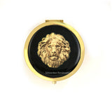 Lion Pill Case Inlaid in Hand Painted Enamel NeoClassic Leo Design with Large Compartment and Mirror Personalized and Custom Color