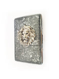 Antique Silver Lion Head Cigarette Case Inlaid in Hand Painted Metallic Silver Swirl Design Enamel Leo Metal Wallet with Personalized Option