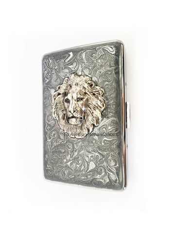 Metal Cigarette Case Silver Lion Inlaid in Hand Painted Glossy