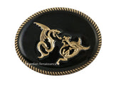 Battling Dragons Belt Buckle Inlaid in Hand Painted Glossy Black Enamel Game of Thrones Inspired Oval Gold Buckle with Color Options