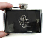 Scorpio Flask Belt Buckle Inlaid in Hand Painted Black Enamel Neo Victorian Zodiac Inspired 3 oz. Flask Personalized and Color Options