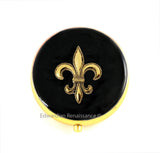 Antique Silver Fleur de Lis Pill Box Inlaid in Hand Painted Glossy Black Enamel Art Deco Inspired Personalized and Color Options