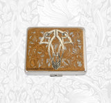 Art Nouveau Weekly Pill Box Inlaid in Hand Painted Black Ink Swirl Enamel Lily Design Personalized and Color Options Available