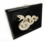 Serpent Cigarette Case Inlaid in Hand Painted Black Ink Swirl Enamel Art Deco Snake Design with Personalize and Color Options Available