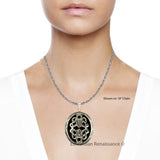 Art Nouveau Locket Inlaid in Hand Painted Glossy Black Onyx Enamel Neoclassic Pill Box Necklace with Personalized and Color Options