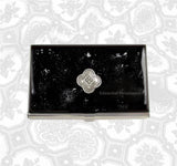 Quatrefoil Business Card Case in Hand Painted Glossy Black Enamel with Silver Splash Design with Personalized and Color Options
