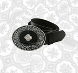 Quatrefoil Belt Buckle Inlaid in Hand Painted Black Enamel Moorish Design Inspired Oval Buckle Custom Colors Available