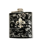 Fleur de Lis Flask in Hand Painted Black Enamel Ink Swirl Design Heraldic Inspired Flask Custom Colors and Personalized Options