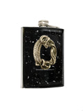 Oroboros Flask Inlaid in Hand Painted Black Enamel with Silver Splash Design Art Deco Snake Design Personalized Engraving and Color Options