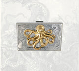 Antique Gold Octopus Credit Card Wallet Inlaid in Hand Painted Silver Swirl Enamel RFID Safe Metal Case Personalized and Color Options