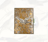 Flying Raven Cigarette Case Inlaid in Hand Painted Glossy Gold Swirl Enamel Neo Victorian Bird Inspired with Personalized and Color Options