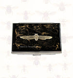 Bee Card Case Inlaid in Hand Painted Glossy Black Enamel with gold Swirl Neo Victorian Insect with Personalized and Color Options