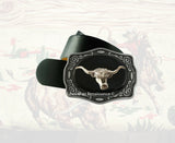 Longhorn Bull Belt Buckle Inlaid in Hand Painted Glossy Black Enamel Western Design Ornate Buckle with Color Options