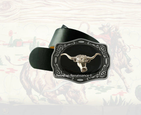 Longhorn Bull Belt Buckle Inlaid in Hand Painted Glossy Black Enamel Western Design Ornate Buckle with Color Options