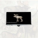 Moose Pill Box Vintage Style Eurasian Elk Inlaid in Hand Painted Black Enamel with Colors and Personalized Options