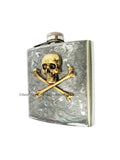 Antique Gold Skull and Crossbones Flask in Hand Painted Silver Swirl Enamel Gothic Victorian Personalize Engraving and Color Options