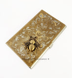 Queen Bee Business Card Case Inlaid Hand Painted Enamel Gold Swirl Design Art Deco Insect Personalize Engraving and Color Options Available
