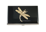 Antique Gold Dragonfly Business Card Case Inlaid in Hand Painted Black Enamel Neo Victorian Insect Personalized and Custom Color Options