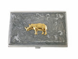 Rhino Business Card Case Inlaid in Hand Painted Silver Swirl Enamel Art Deco Rhinoceros Personalize and Color Options Available