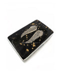 Silver Angel Wings Cigarette Case Inlaid in Hand Painted Black with Gold Splash Design Reanissance Inspired Personalize Engraving Options