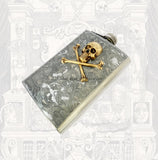 Gold Skull and Crossbones Flask in Hand Painted Black with Silver Splash Enamel 8oz Hip Flask with Personalize Engraving and Color Option