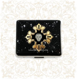 Cross with Lion Pill Box Case with Daily Compartments for 8 Days in Hand Painted Black with Silver Splash Enamel with Personalized Options