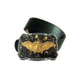 Flying Vampire Bat Belt Buckle Inlaid in Hand Painted Glossy Black with Gold Swirl Gothic Victorian Ornate Buckle with Color Options