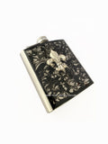 Fleur de Lis Flask in Hand Painted Black Enamel Ink Swirl Design Heraldic Inspired Flask Custom Colors and Personalized Options