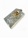 Antique Silver Skull and Crossbones Flask Inlaid in Hand Painted Silver Swirl Enamel 8oz Size with Personalized and Color Option