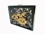 Serpent Cigarette Case Inlaid in Hand Painted Black Ink Swirl Enamel Art Deco Snake Design with Personalize and Color Options Available