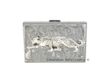 Leopard Credit Card Wallet Inlaid in Hand Painted Silver Swirl Enamel Art Deco Safari RFID Blocker Case Personalize and Other Color Options