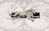 Antique Silver Running Lion Tie Clip Inlaid in Hand Painted Glossy Black Enamel Vintage Style Leo Neck Tie Bar Accent Personalized Options