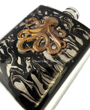 Octopus Hip Flask in Oxidized Brass Inlaid in Hand Painted Black Liquid Ink Design Neo Victorian Kraken with Personalized Engraving Options
